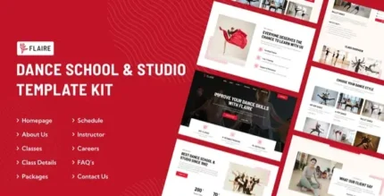 Flaire Dance School & Studio Elementor Template Kit - GPLRock.Com