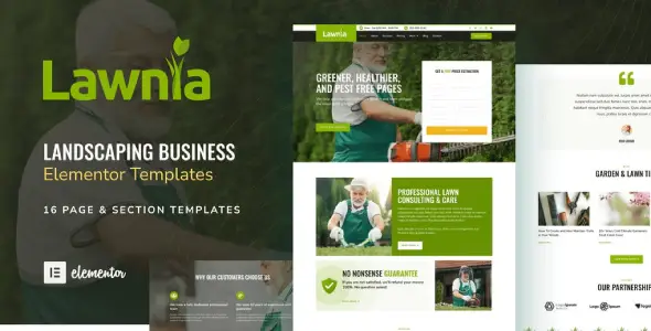 Lawnia – Gardener & Landscaping Business Elementor Template Kit - GPLRock.Com Lawnia Elementor Template Kit screenshot showcasing a clean, responsive landscaping business homepage layout with gardening service sections