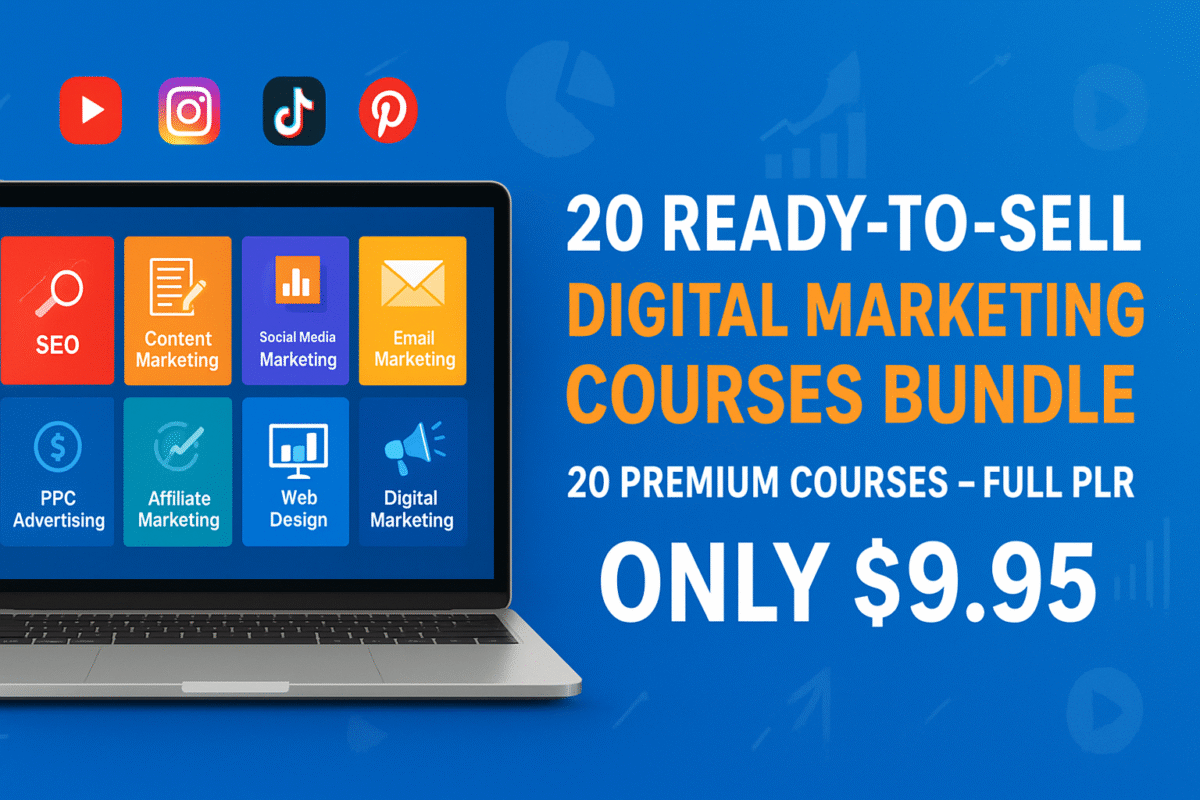 High-quality visual showing the 20 ready-to-sell digital marketing courses bundle with full private label rights, ideal for rebranding, reselling, or bundling into a passive income product empire