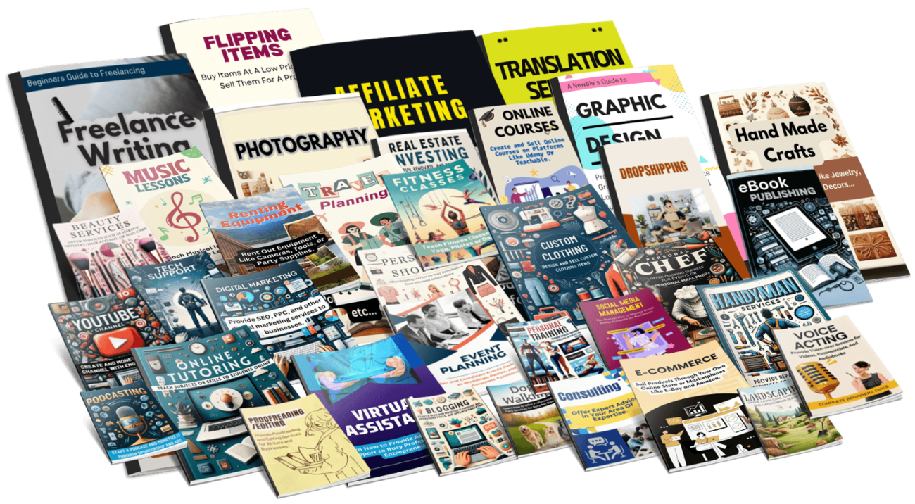 A digital bundle titled “2025 Side Hustle Beginner Guides PLR” featuring 45 step-by-step side hustle guides designed for global marketers to rebrand, resell, and profit with full unrestricted PLR rights.