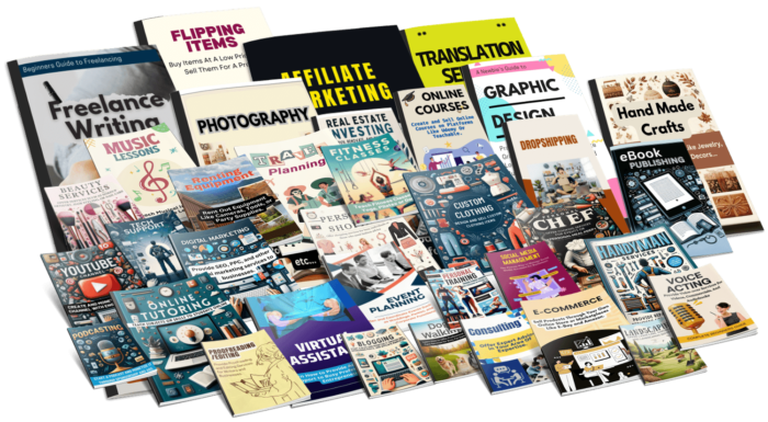 A digital bundle titled “2025 Side Hustle Beginner Guides PLR” featuring 45 step-by-step side hustle guides designed for global marketers to rebrand, resell, and profit with full unrestricted PLR rights.
