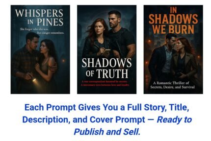Book cover concept for “298 Prompts for Romantic Suspense Stories” showing a romantic couple in a suspenseful setting with moody lighting, dramatic scenery, and visual elements that reflect danger, desire, and emotional intensity.