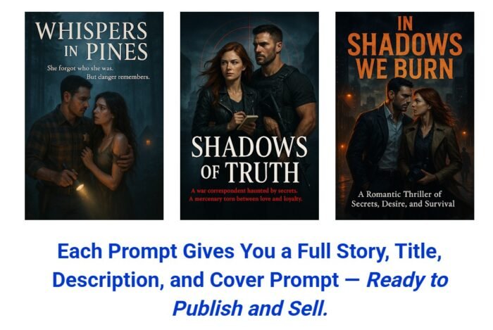 Book cover concept for “298 Prompts for Romantic Suspense Stories” showing a romantic couple in a suspenseful setting with moody lighting, dramatic scenery, and visual elements that reflect danger, desire, and emotional intensity.