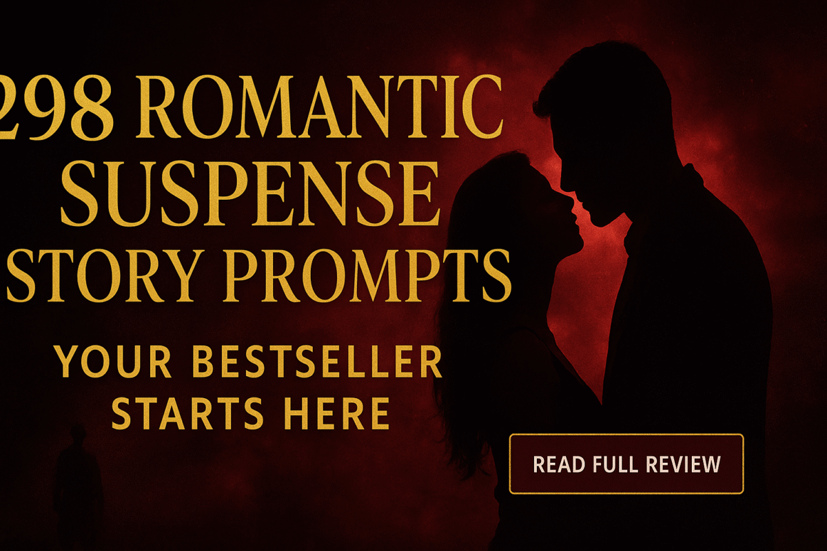 Horizontal cinematic thumbnail image for a review of 298 Prompts for Romantic Suspense Stories, showing a romantic couple in a suspenseful harbor scene with a burning boat, designed in rich blue and gold tones with bold review title text for a WordPress blog.