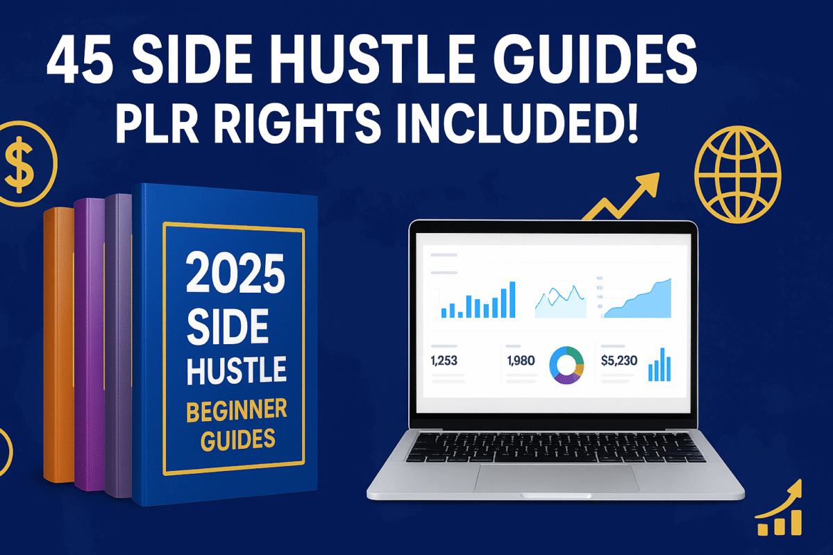 A visual layout of the 2025 Side Hustle Beginner Guides PLR bundle, showcasing 45 digital guide covers and promotional tools designed for global marketers to profit from reselling, repurposing, and building authority using full private label rights.