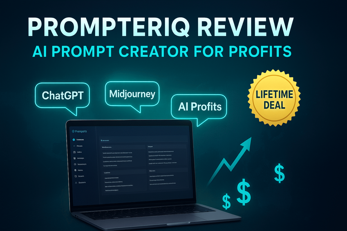 PrompterIQ AI Prompt Creator review showing dashboard with prompt templates, commercial license benefits, and bulk prompt generation for digital creators