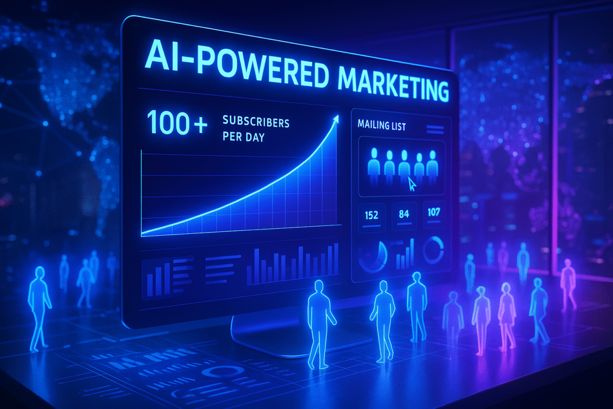 AI Scale Stack dashboard showing subscriber growth charts and AI automation features, promoting 100+ new subscribers daily