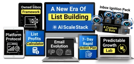 AI Scale Stack email marketing automation system showing dashboard, growth stats, and AI-powered tools for list building and profit generation