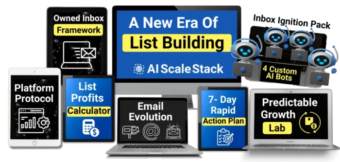 AI Scale Stack email marketing automation system showing dashboard, growth stats, and AI-powered tools for list building and profit generation