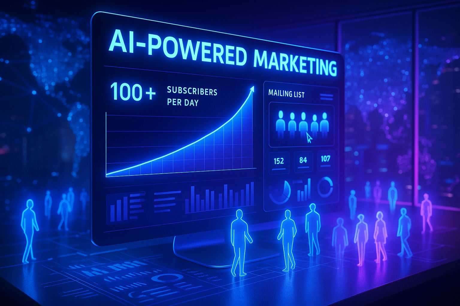 AI Scale Stack dashboard showing subscriber growth charts and AI automation features, promoting 100+ new subscribers daily