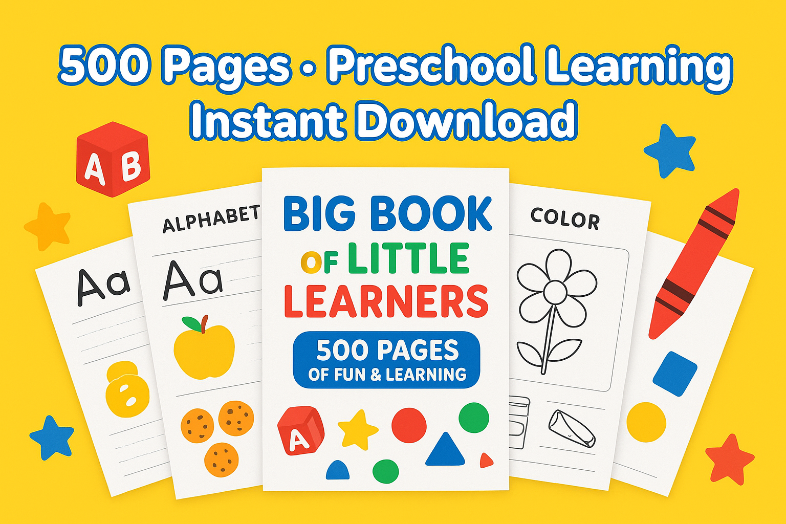 Big Book of Little Learners review showcasing 500 colorful pages of preschool activities, ABC tracing, math, shapes, colors, and fun creative worksheets for kids aged 3 to 7.
