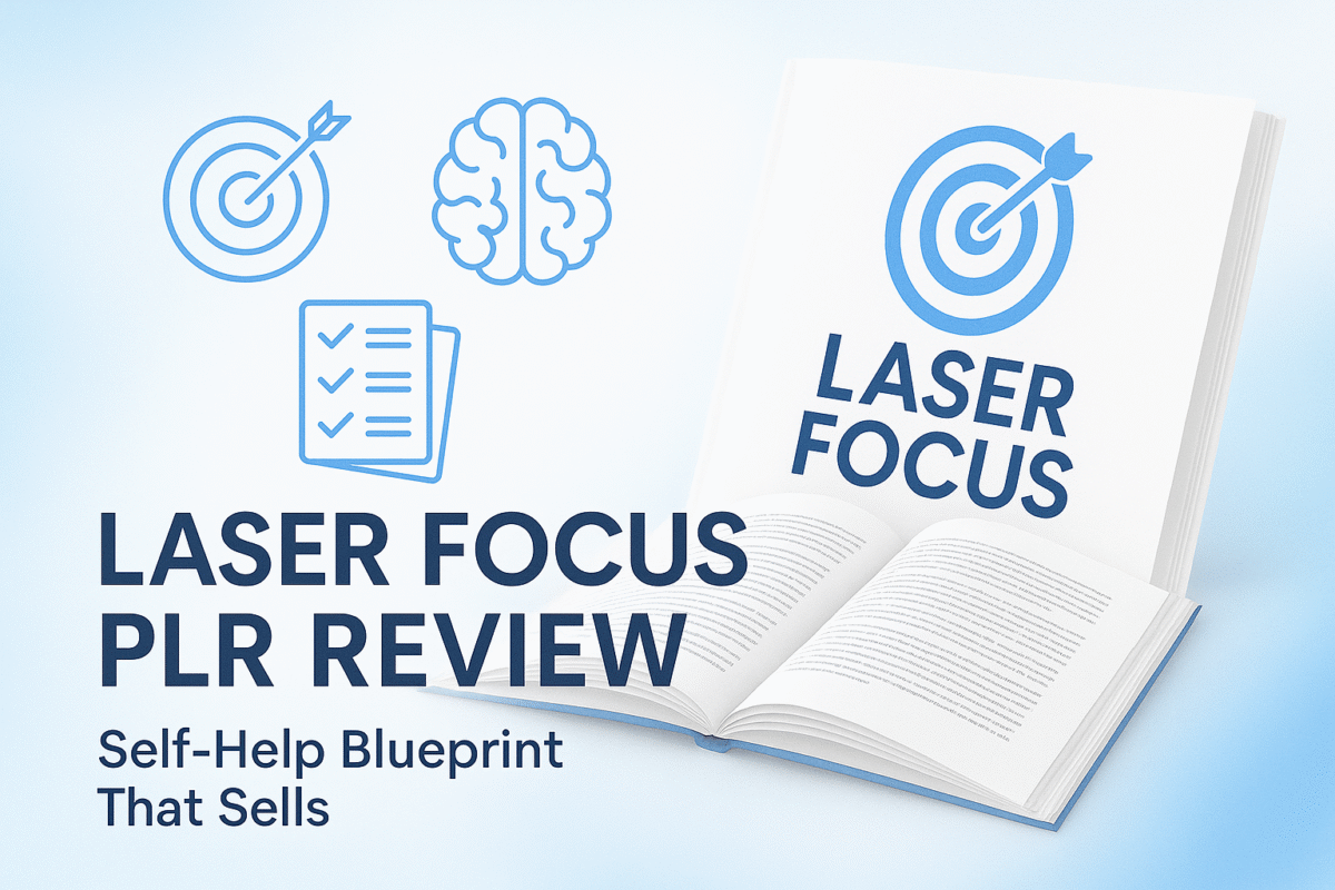 A digital preview of the Laser Focus PLR package showing ebook covers, funnel materials, promotional graphics, and self-help branding elements designed for marketers reselling a premium product focused on mastering attention and mental clarity.