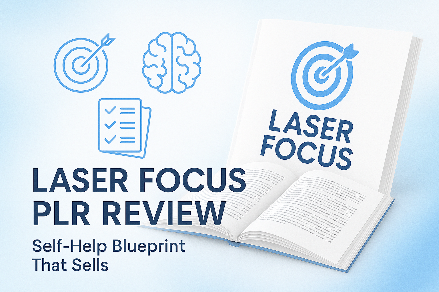A digital preview of the Laser Focus PLR package showing ebook covers, funnel materials, promotional graphics, and self-help branding elements designed for marketers reselling a premium product focused on mastering attention and mental clarity.