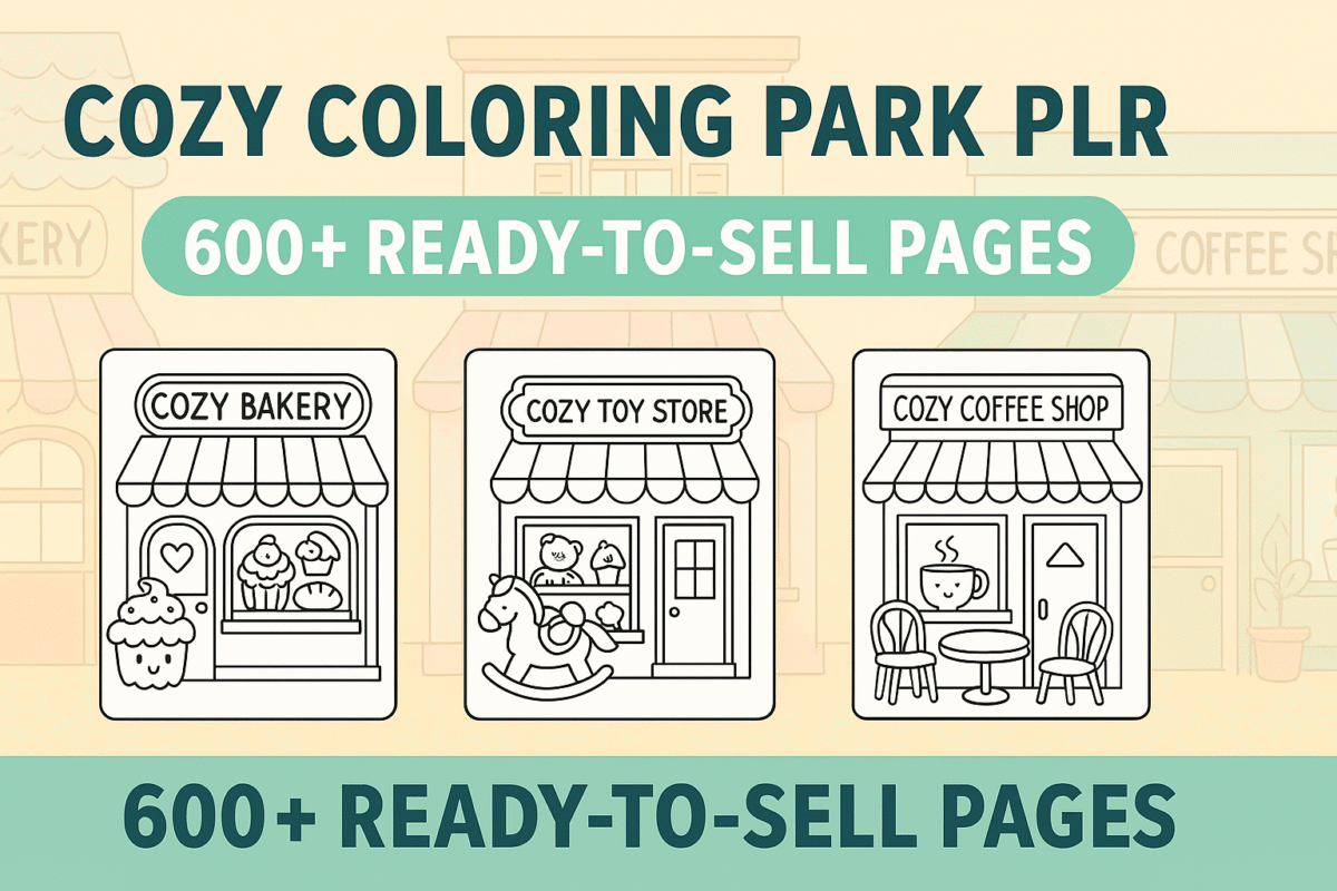Promotional graphic for Cozy Coloring Park PLR showing cozy store-themed coloring page designs including bakery, toy store, and coffee shop, with a headline offering 600+ ready-to-sell pages with resale rights.