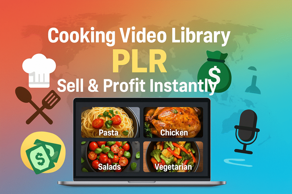 A promotional graphic showcasing Cooking Video Library PLR bundle including 200 HD cooking videos, 50 recipe eBooks, and 800 cooking articles with full resale rights
