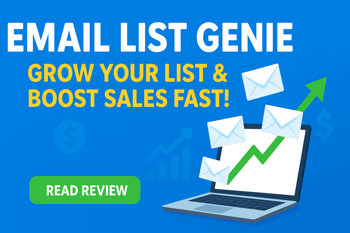 A promotional banner showcasing Email List Genie software interface with lead capture forms and email marketing features to help grow targeted email lists