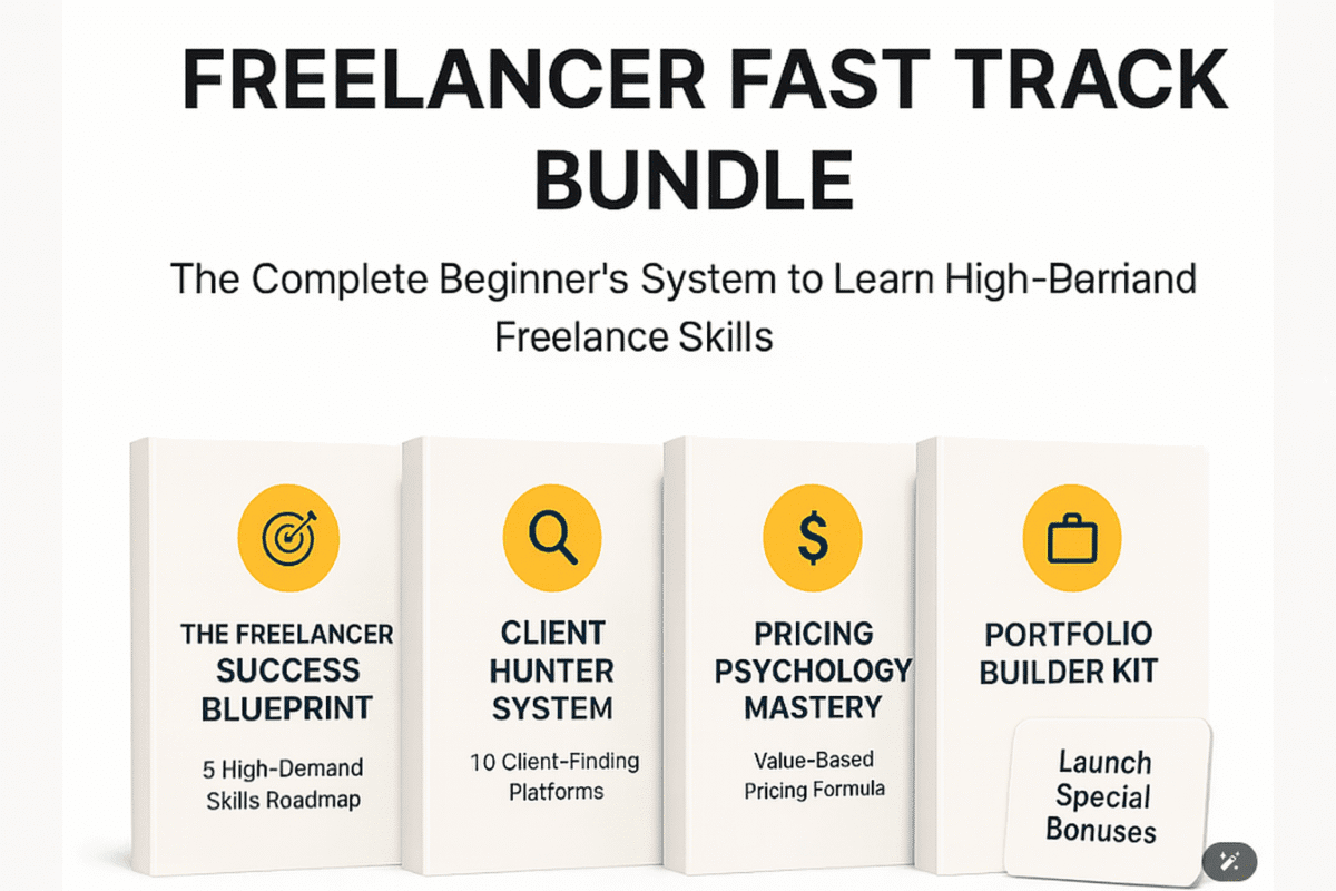 A comprehensive educational training bundle titled "Freelancer Fast Track Bundle" for beginners to learn high-demand freelance skills, build a portfolio, and start working with global clients.