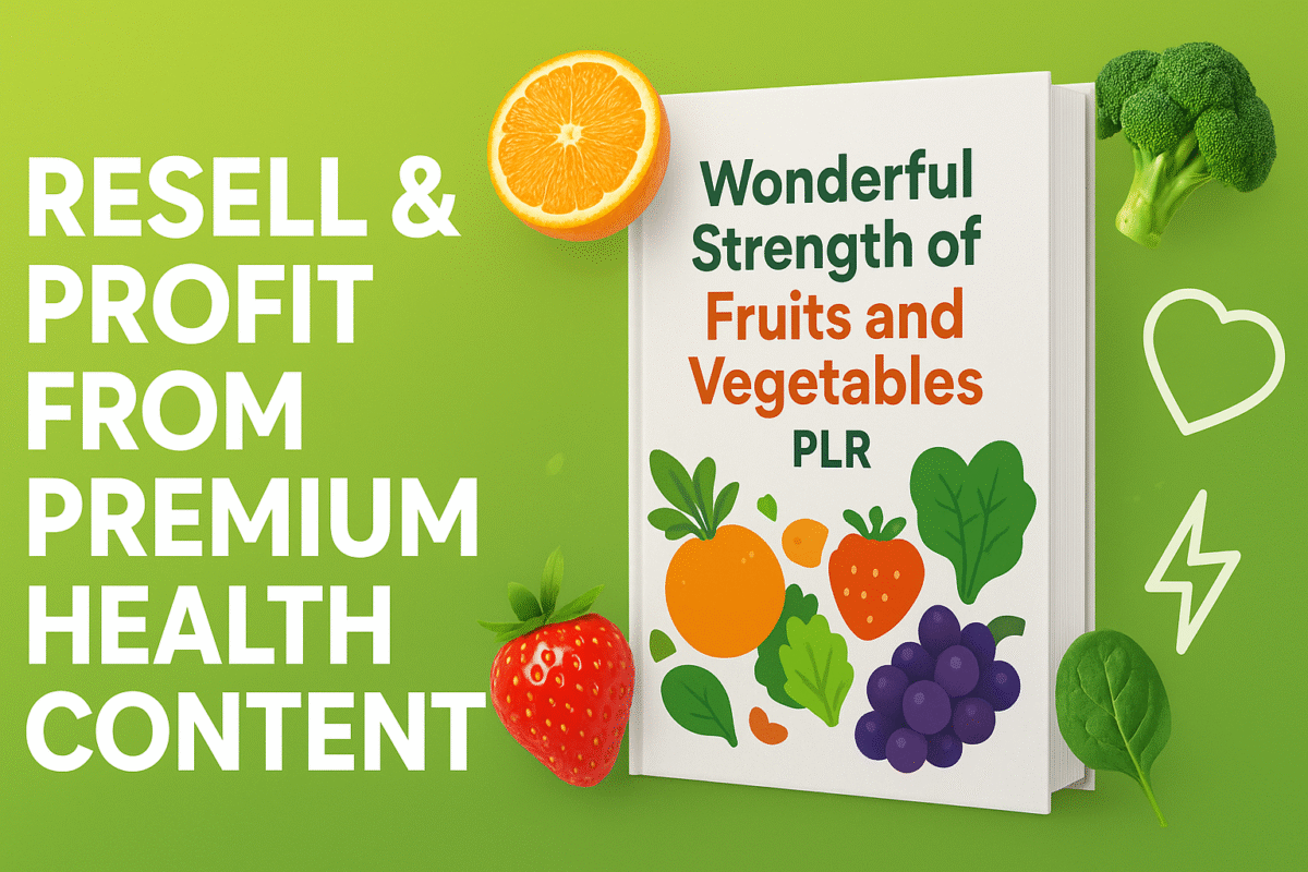 A digital mockup of the Fruits and Vegetables PLR guide showing colorful fruit illustrations, PDF files, and promotional Instagram posts, representing a wellness content product with full resell rights.