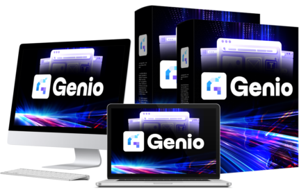 Screenshot showing Genio Voice-to-Website AI Builder transforming a voice prompt into a full website in 12 seconds with live preview and editable code.