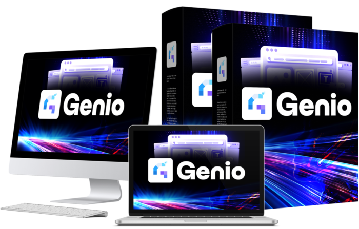 Screenshot showing Genio Voice-to-Website AI Builder transforming a voice prompt into a full website in 12 seconds with live preview and editable code.