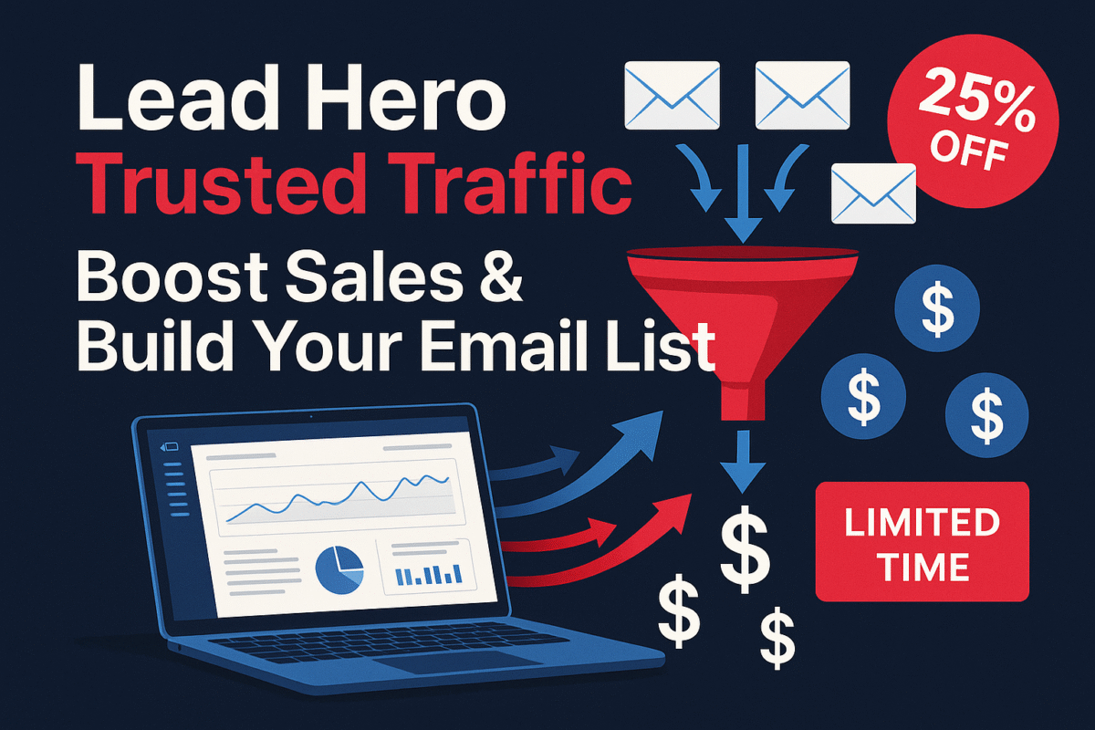A digital dashboard showing Lead Hero Trusted Traffic analytics with premium Tier 1 clicks and live conversion metrics for affiliate marketers in the MMO space