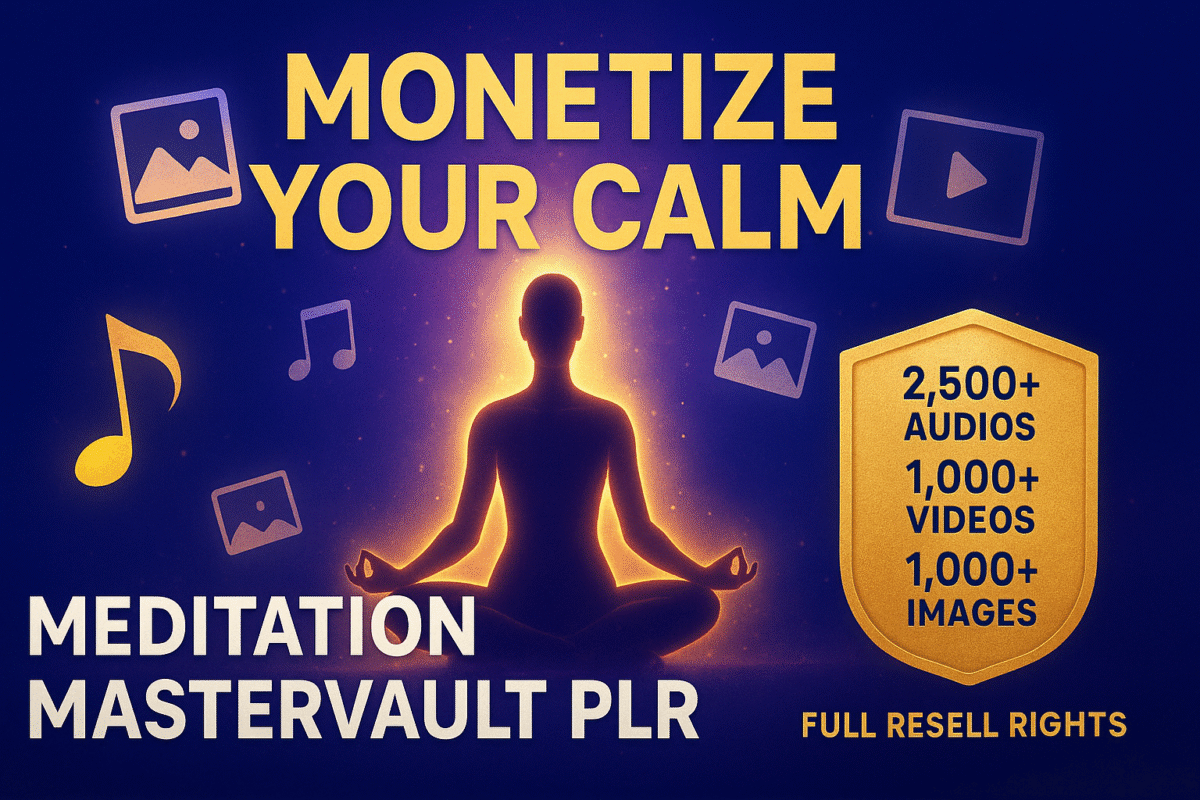 A vibrant digital preview of the Meditation MasterVault PLR bundle showing meditation music tracks, video reels, and image packs with full resale rights for marketers and content creators.