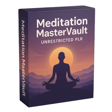 A high-quality preview of the Meditation MasterVault PLR bundle featuring 2,500+ royalty-free meditation audios, 1,000+ videos, and 1,000+ images with full resale rights.