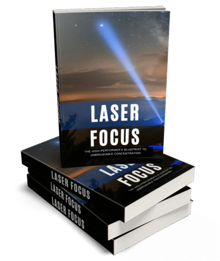 Digital product bundle titled “Laser Focus PLR” showing ebook cover, promotional graphics, and sales funnel materials designed to help marketers resell a premium self-help product focused on mastering deep focus and eliminating distractions.
