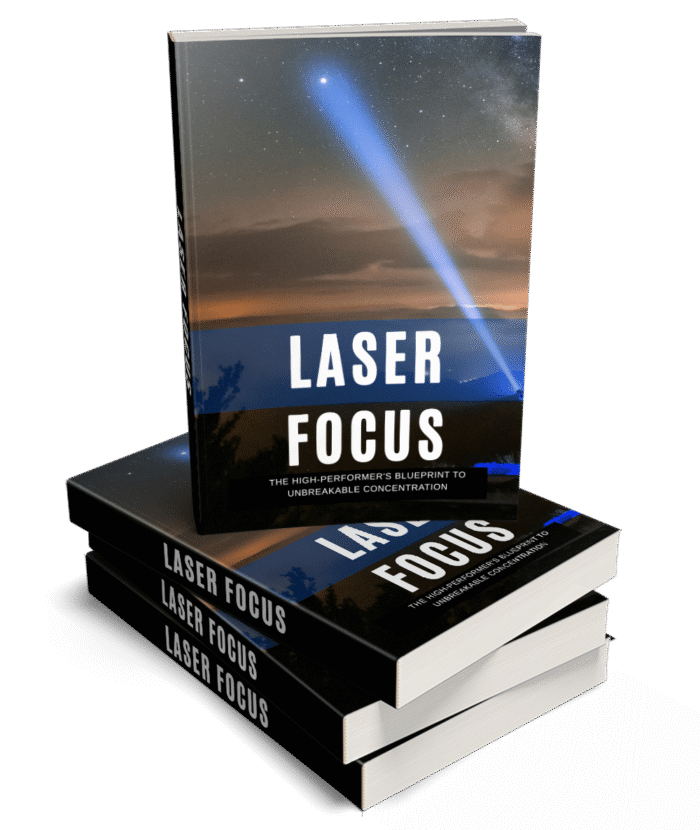 Digital product bundle titled “Laser Focus PLR” showing ebook cover, promotional graphics, and sales funnel materials designed to help marketers resell a premium self-help product focused on mastering deep focus and eliminating distractions.