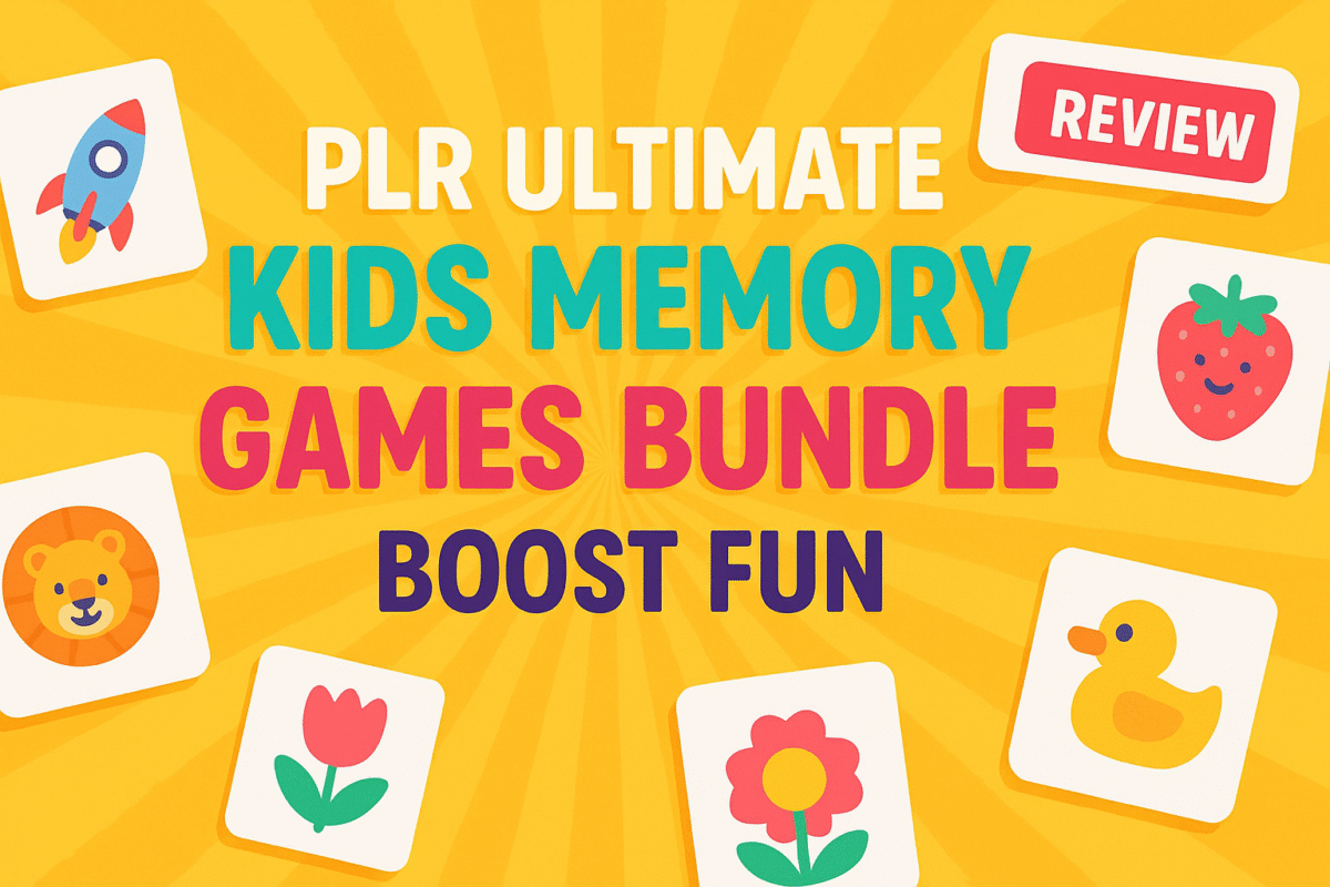 Bright and colorful PLR Ultimate Kids Memory Games Bundle featuring 7 printable educational games for children with full resale rights to rebrand and profit instantly