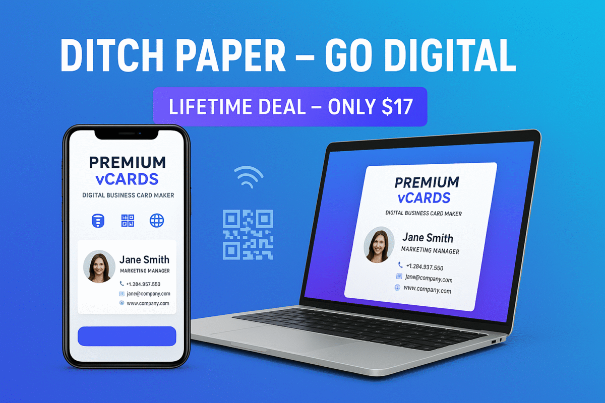 Premium vCards Digital Business Card Maker platform interface showing customizable templates, NFC sharing, QR code integration, and tools for creating, sharing, and selling professional vCards worldwide.