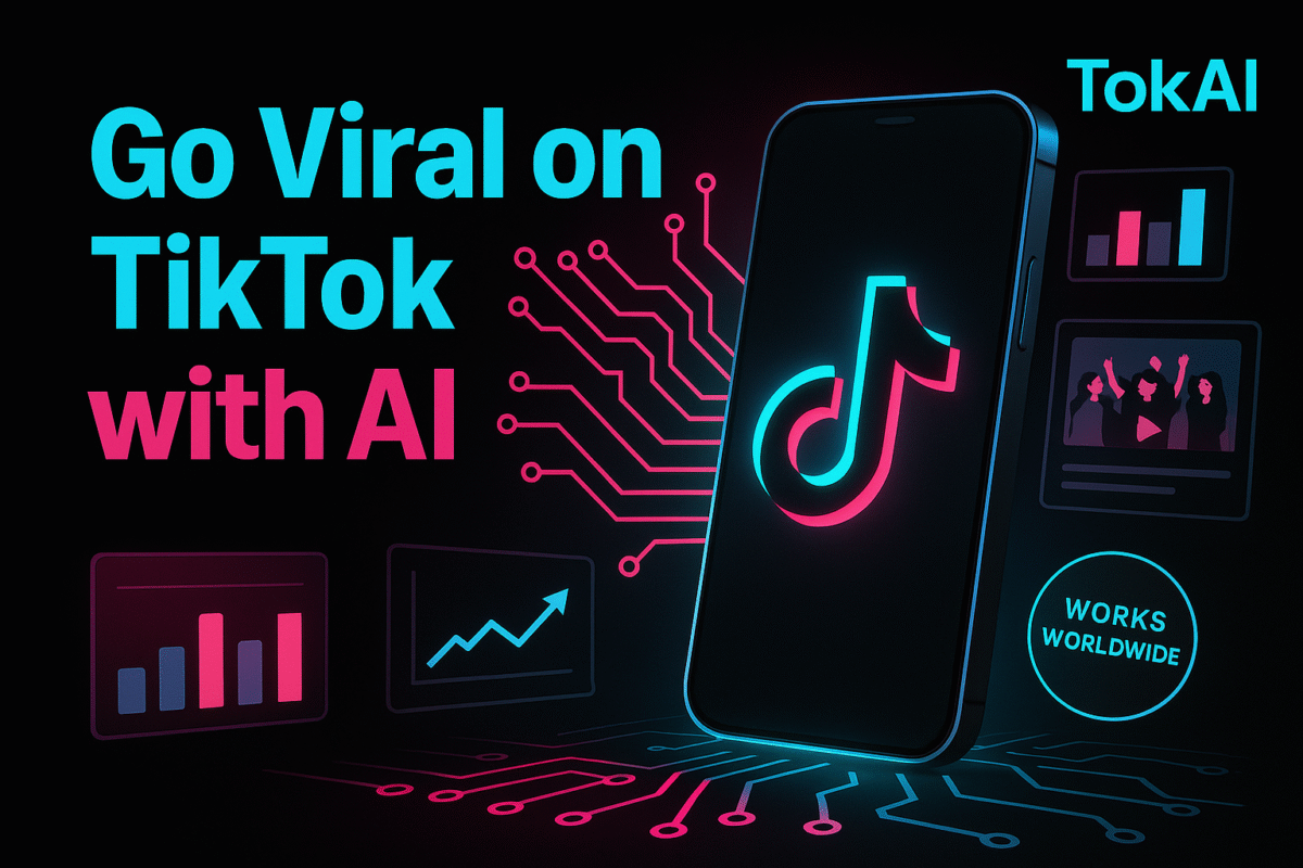 TokAI TikTok AI Agent dashboard showing AI-generated viral videos, trending analytics, and automated posting tools for maximum TikTok growth and sales.