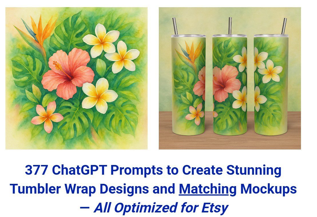 377 Prompts for Tumbler Wrap Designs & Mockups — create stunning, professional 20oz tumbler wraps and Etsy-ready mockups quickly and easily.