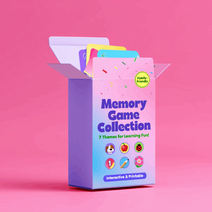 Colorful PLR Ultimate Kids Memory Games Bundle featuring 7 printable educational games for children with resale rights to boost learning and fun