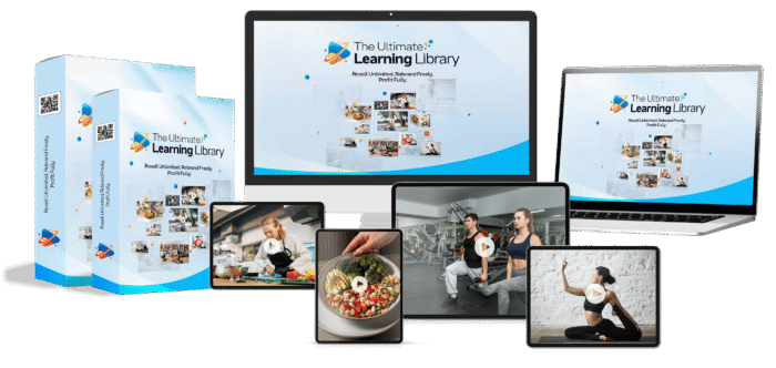 Digital product bundle showing the Ultimate Learning Library with PLR featuring 1,600 editable training videos in cooking, keto, fitness, and yoga niches.