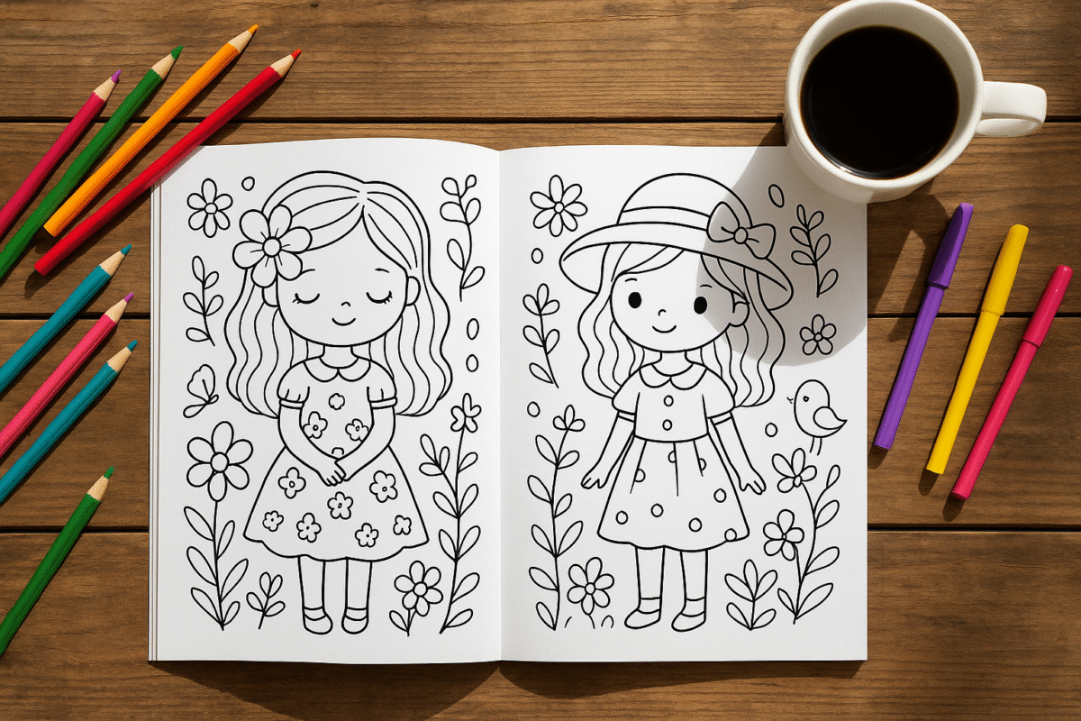 Whimsy Girls Coloring Pack PLR bundle with 30+ printable coloring pages for Etsy, KDP, and personal use, ready-to-sell with PLR rights.