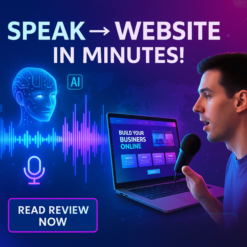 A landscape visual showing the Genio Voice-to-Website AI Builder dashboard creating a website in real-time from a spoken voice prompt with live preview and code output.