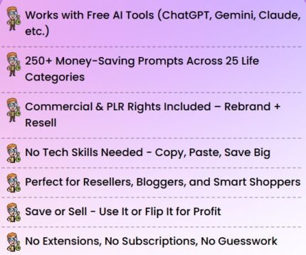 Money-Saving Prompts Toolkit showing AI-powered savings strategies, 250+ ready-to-use prompts with PLR rights to save and earn globally