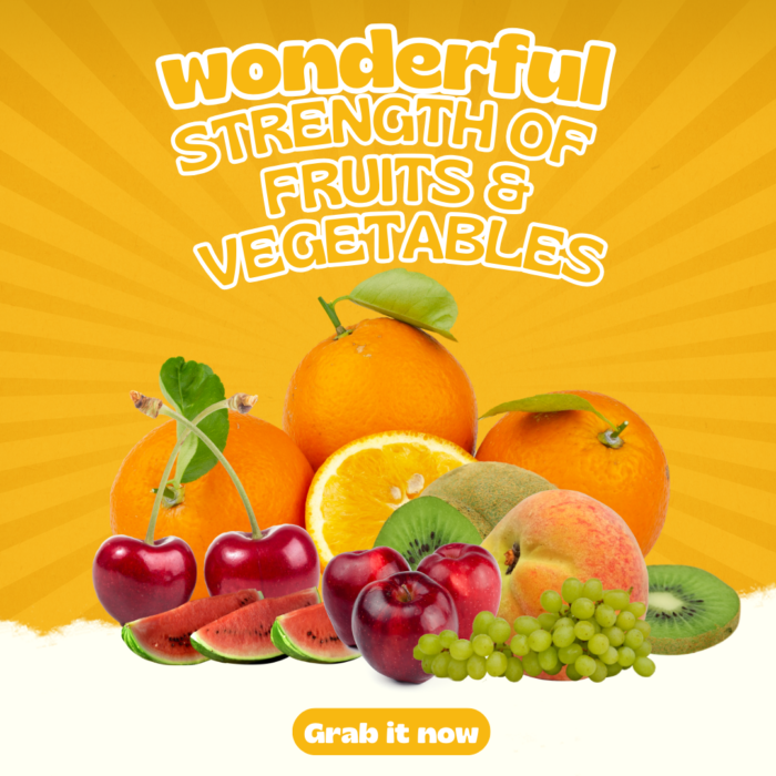 Cover image showing the Wonderful Strength of Fruits and Vegetables PLR guide with vibrant fruits, vegetables, and promotional Instagram posts included in the package