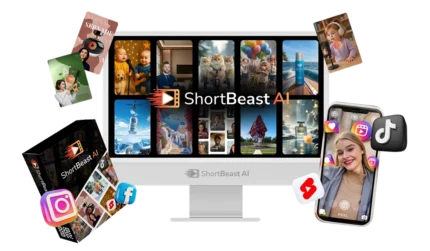 Screenshot of ShortBeast AI showing dashboard where users can turn keywords into viral short videos for YouTube, TikTok, and Instagram with no editing or face required