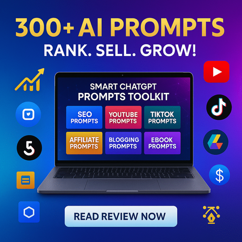 “Landscape orientation WordPress blog thumbnail for Smart ChatGPT Prompts Toolkit Review. Show AI, digital prompts, content creation icons, and marketing growth arrows in vibrant colors with text overlay that says ‘Smart ChatGPT Prompts Toolkit Review – Boost Your AI Power’.”