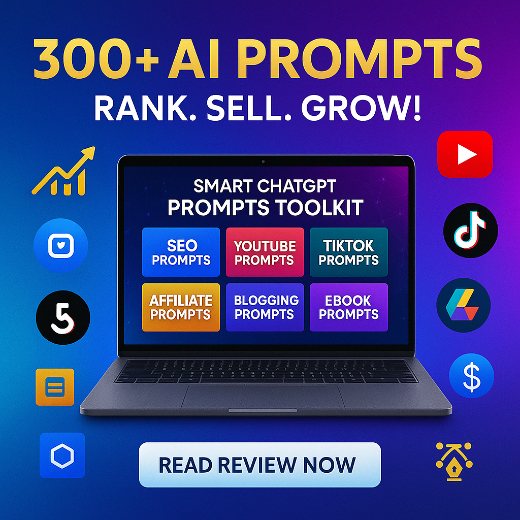 “Landscape orientation WordPress blog thumbnail for Smart ChatGPT Prompts Toolkit Review. Show AI, digital prompts, content creation icons, and marketing growth arrows in vibrant colors with text overlay that says ‘Smart ChatGPT Prompts Toolkit Review – Boost Your AI Power’.”
