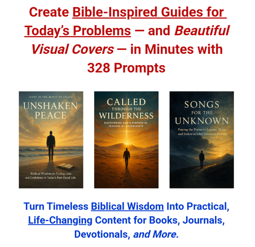 A creative representation of Biblical Wisdom Prompts showing books, journals, and devotionals being created from Scripture-based ideas with modern digital tools.