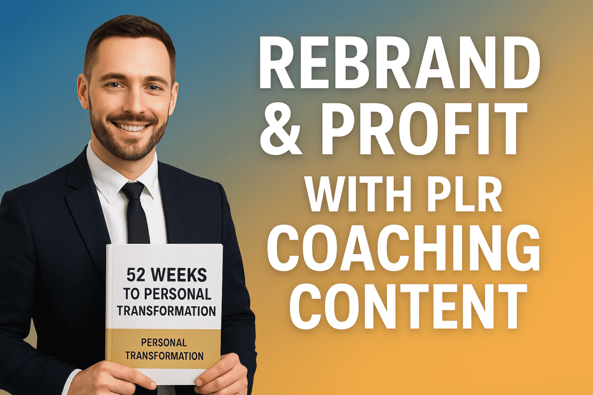 Business professional showcasing the 52 Weeks to Personal Transformation PLR bundle with coaching sessions, editable reports, and resell rights for personal growth marketers.