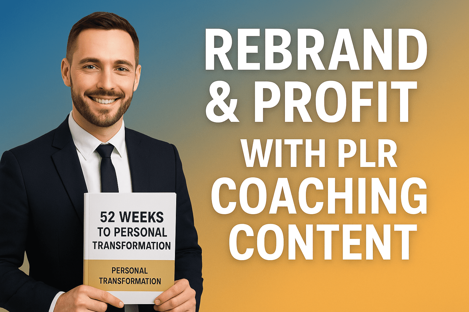 Business professional showcasing the 52 Weeks to Personal Transformation PLR bundle with coaching sessions, editable reports, and resell rights for personal growth marketers.