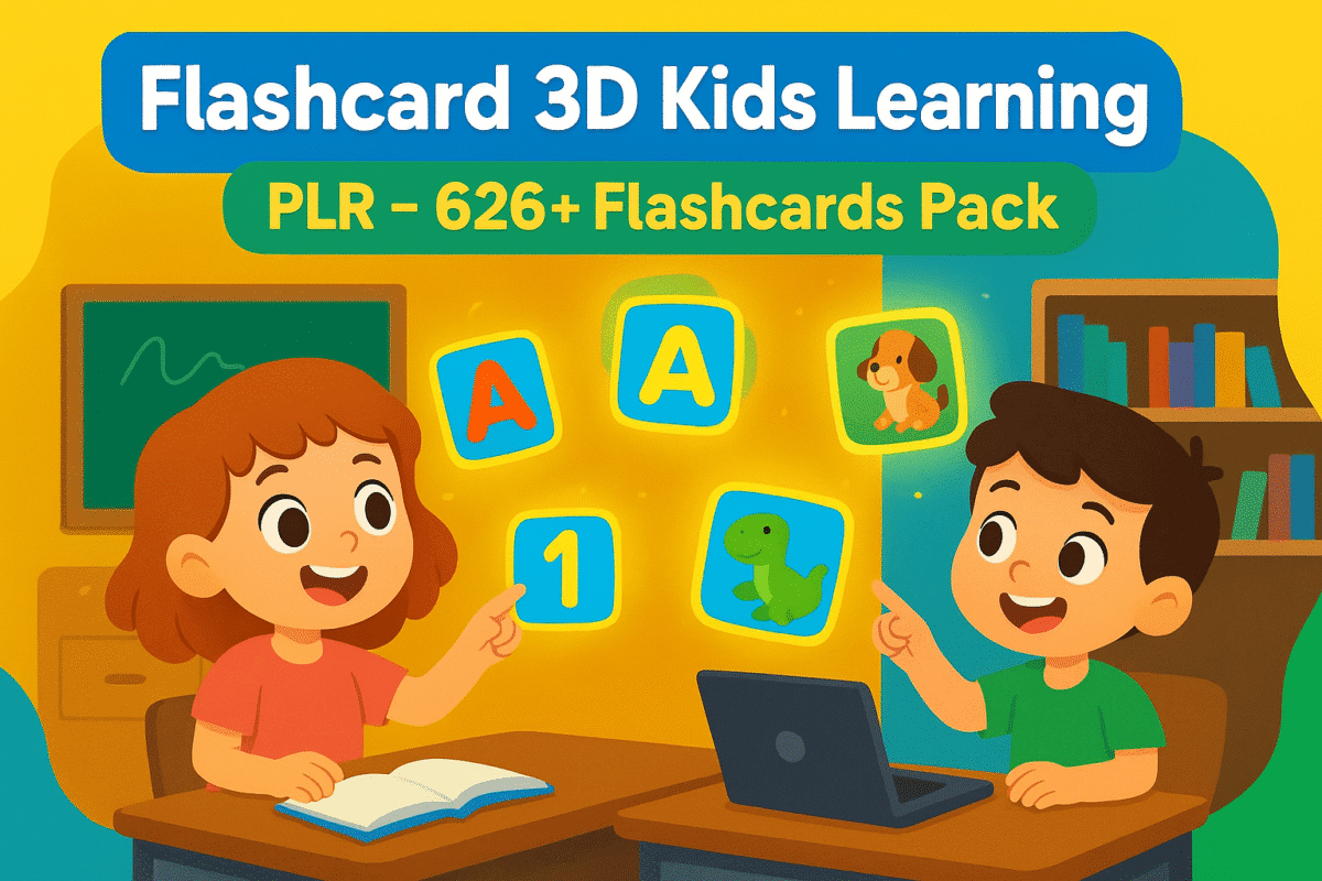 Flashcard 3D Kids Learning PLR pack featuring over 626 colorful and creative flashcards for children with alphabet, numbers, animals, shapes, and more for engaging education.