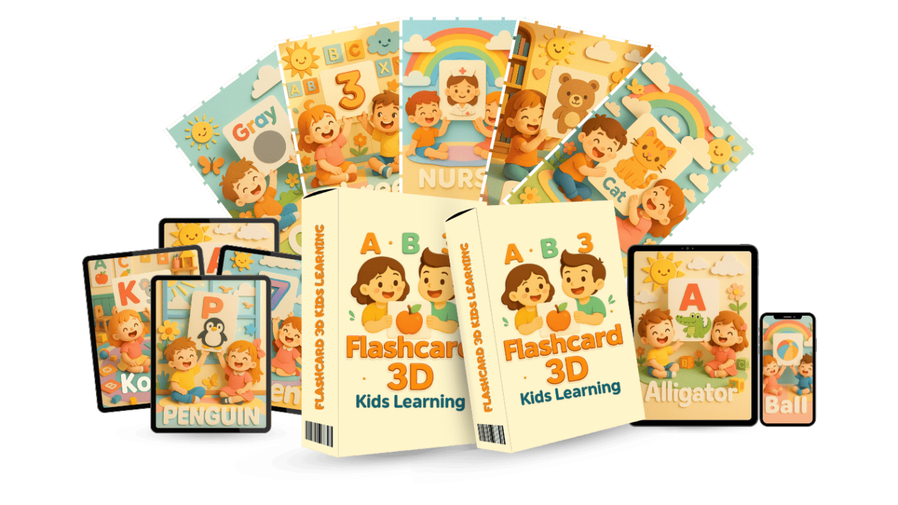 Flashcard 3D Kids Learning PLR pack with over 626 colorful, engaging flashcards for children covering alphabet, numbers, shapes, emotions, and more.