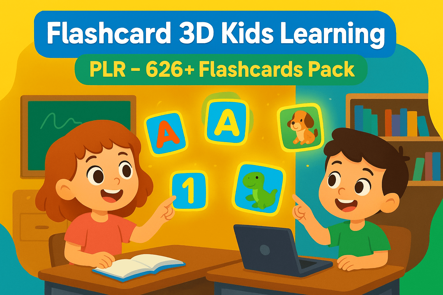 Flashcard 3D Kids Learning PLR pack featuring over 626 colorful and creative flashcards for children with alphabet, numbers, animals, shapes, and more for engaging education.