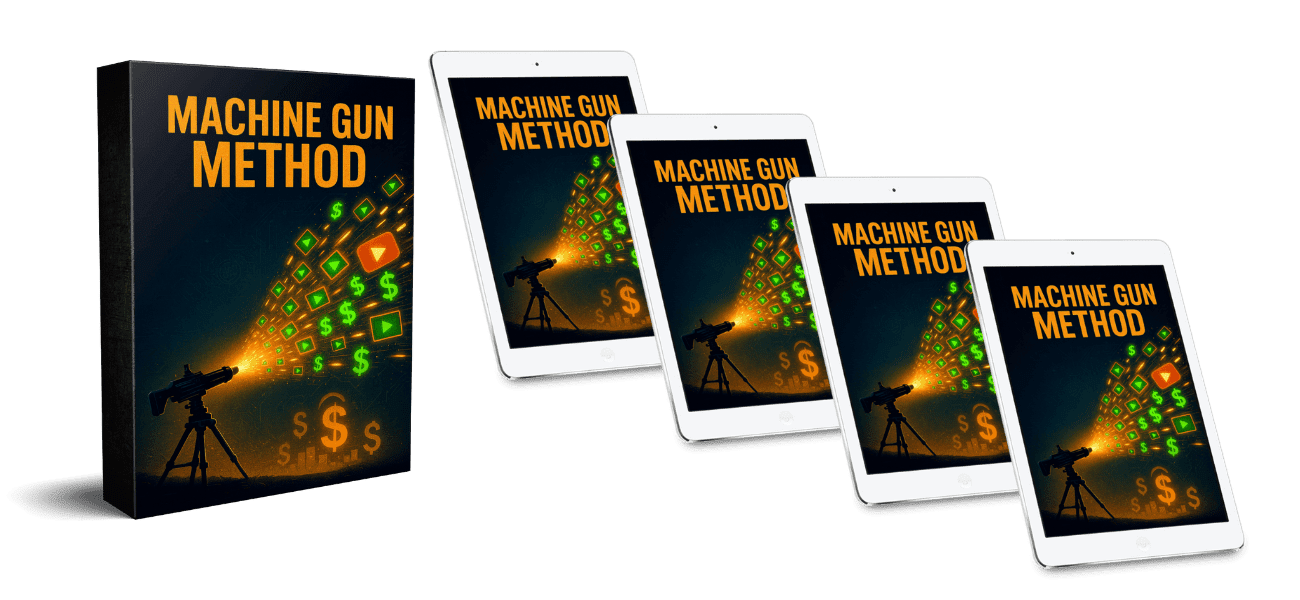 Promotional image of Machine Gun Method showcasing AI-powered video creation software that generates dozens of optimized videos for free traffic from YouTube, Google, and ChatGPT, helping marketers drive sales without filming or editing.