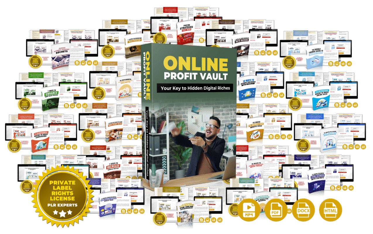 Promotional banner showing Online Profit Vault PLR Firesale with 20 done-for-you funnels, reports, videos, upsells, and editable content for marketers.